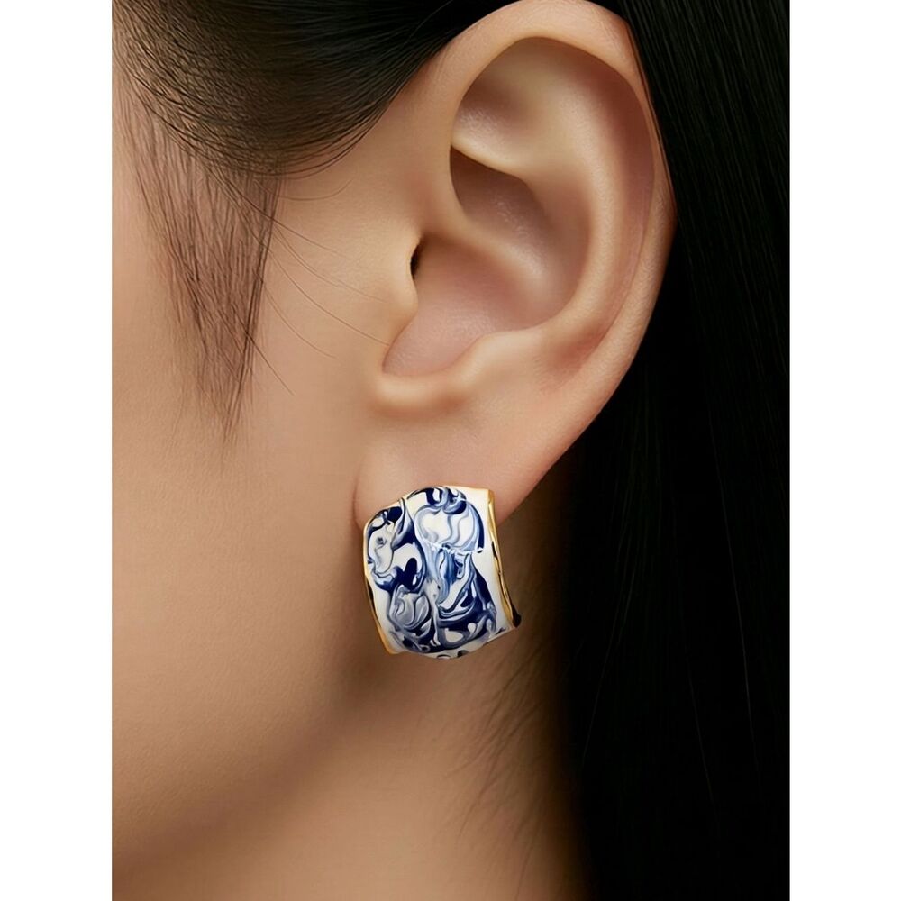 Blue Willow Hoop Earrings Gold Enamel Delft Chinoiserie Coastal Preppy Hamptons
